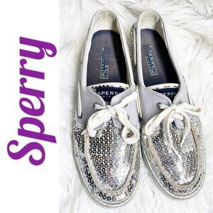 SPERRY TOPSIDER Bahama Silver‎ Sequin Boat Shoe, Size 7